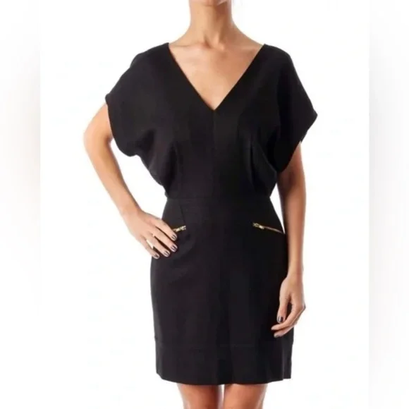 FRENCH CONNECTIONS Black V Neck Mini Gold Zipper Dress Sz 8 Career  Minimalist
